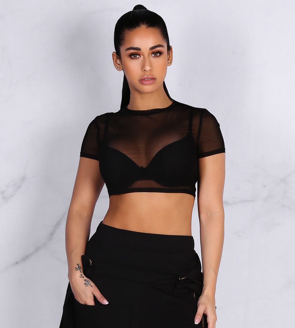 You See Right Through Me Black Mesh Crop Top